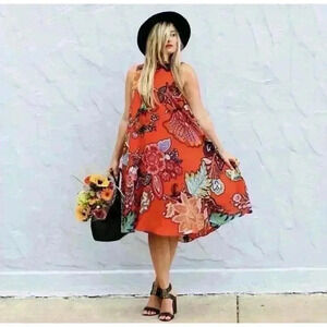 🌷Anthropologie Maeve Larkhill 100% Silk Swing Dress Floral Orange Midi Length S